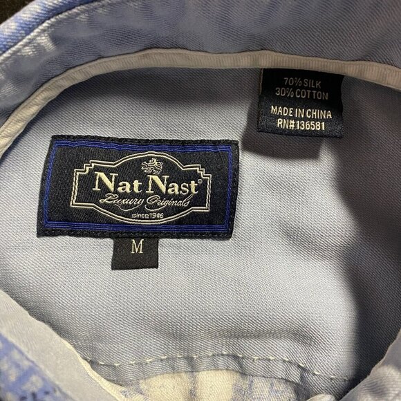 Nat Nast Shirt Men M Blue Geo Tribal Tiki Hawaiian Camp Button Up Silk Cotton - Picture 3 of 11